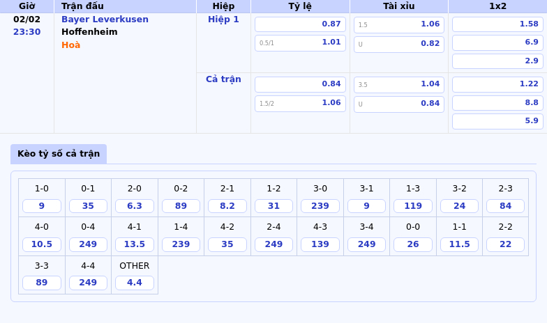 Thông tin bảng tỷ lệ kèo bóng đá Bayer Leverkusen vs Hoffenheim