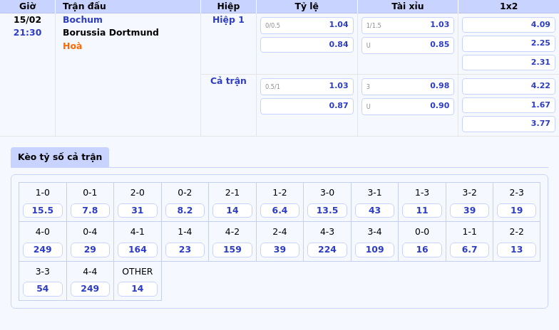 Thông tin bảng tỷ lệ kèo bóng đá Bochum vs Borussia Dortmund